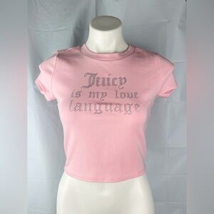 New Juicy Couture Cotton Crew Neck Crop Top “Juice Is My Love Language” M pink